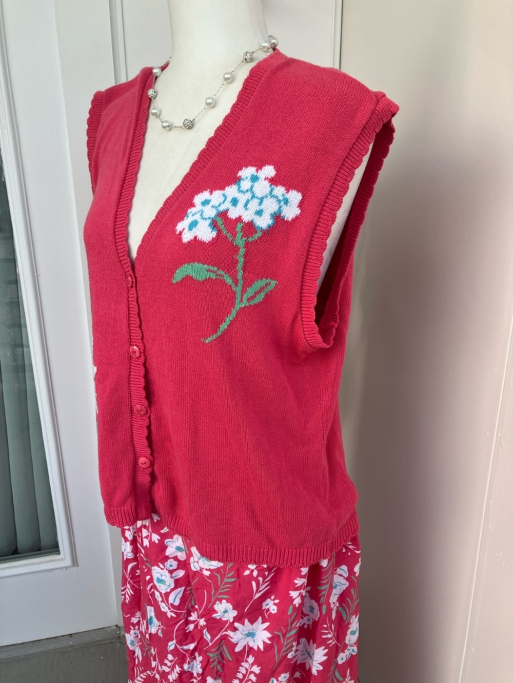 Vintage 90s Pink, Teal, & Blue Two Piece Floral Sweater Vest & Midi Skirt Set - Picture 5 of 11